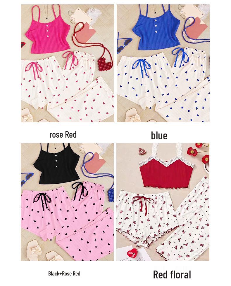 Damen Pfirsich Herz Süßes Sommer Dreiteiliges Pyjama-Set - Kindliches Spaghettiträger Sexy Loungewear