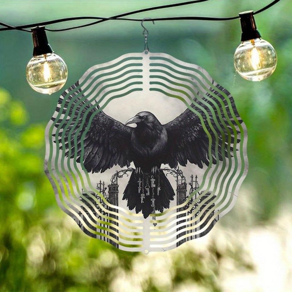 Metal Wind Spinner Outdoor Decor 2D Raven Design Hanging Wind Chime for Garden Patio Yard No Electricity Needed Durable Weather Resistant