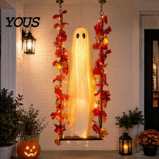 Realistic Fabric Ghost Light Up Hanging Swinging Halloween Decoration with Remote Control, Large White Spooky Outdoor Yard Decor Ornament Maple Leaves