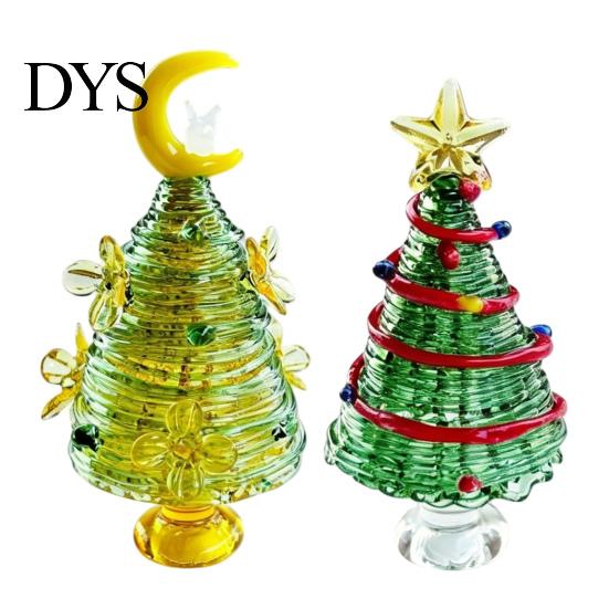 Glass Figurine for Office Glazed Christmas Tree with Star Moon Decor, Rotating Holiday Display Prop Wire Wrapped Desk Mini Tabletop Ornament,