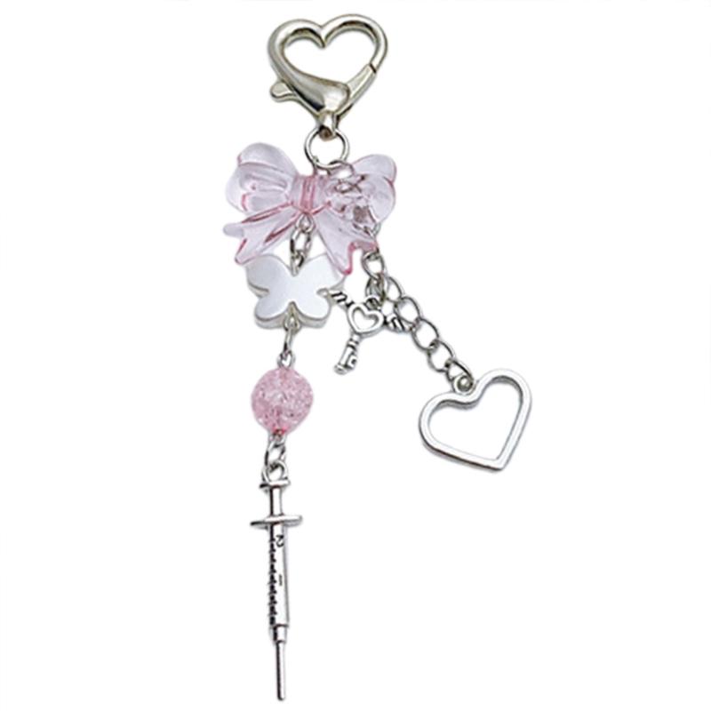 Sweet Butterfly Keychain with Beaded Heart Cute Bowknot Bead Heart Keyring Delicate Aesthetic Keychain for Girls Women