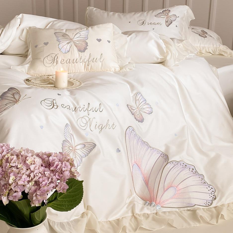 Lace Cotton Bedding Four-piece Set Princess Wind Butterfly Embroidery Skin-friendly Breathable Bed Sheet Quilt Cover Pillowcase Set