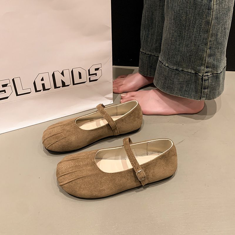 Vintage Suede Mary Jane Shoes Women's Word with Round Head, Light Mouth with Skirt, Flat-soled Single Shoes