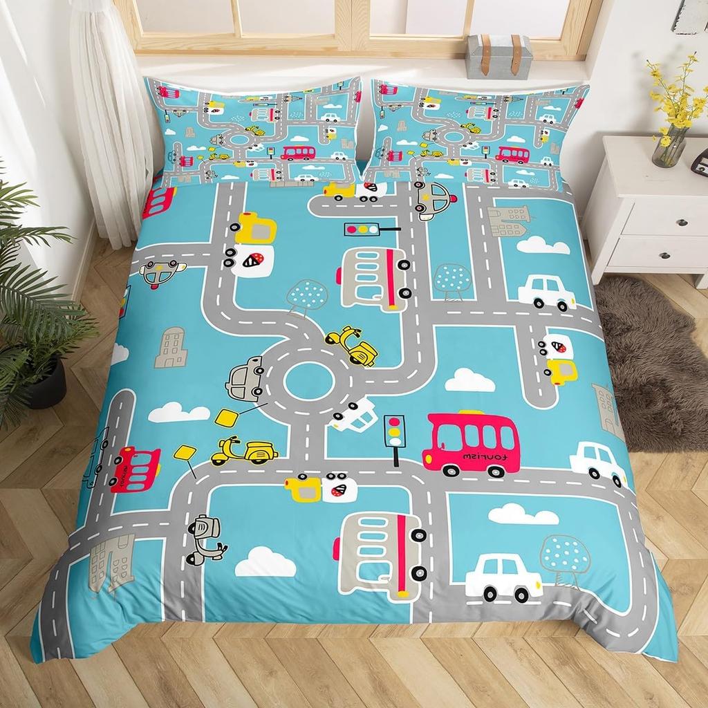 Comforter Cartoon Truck Twin City Landscape Bedding Set Hand Drawn Cartoon Vehicles City Map Railway Train Comforter