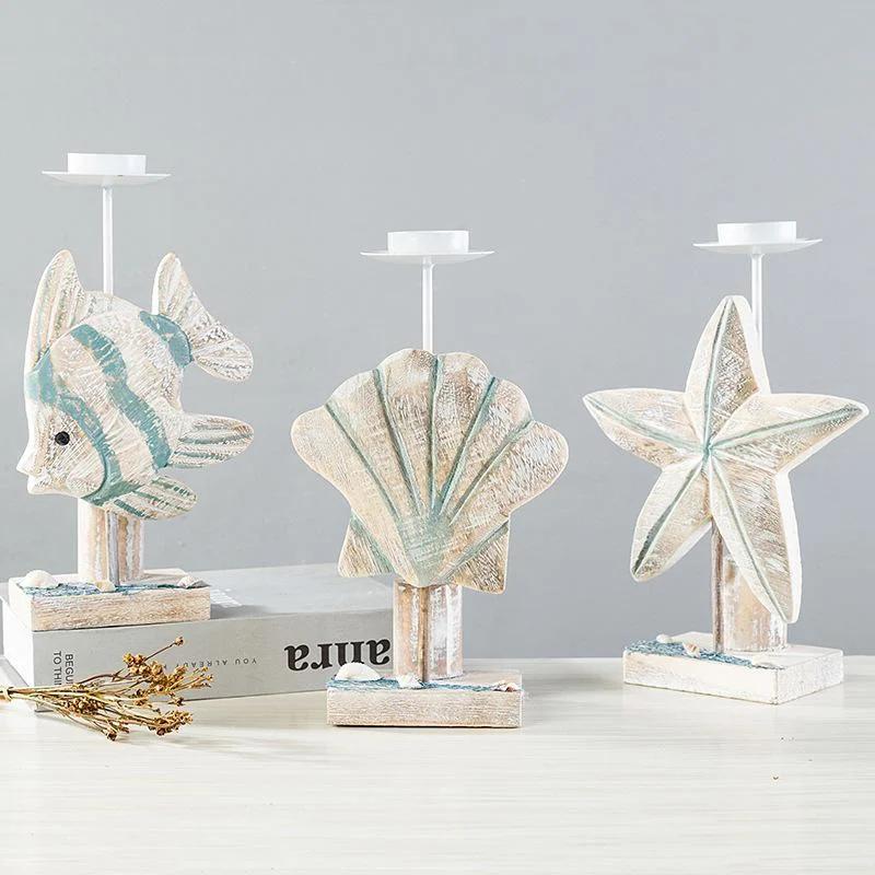 Mediterranean Style Fish-shaped Candlestick Handicraft Gifts Wooden Starfish Candlestick Display Rack Home Desktop Decoration