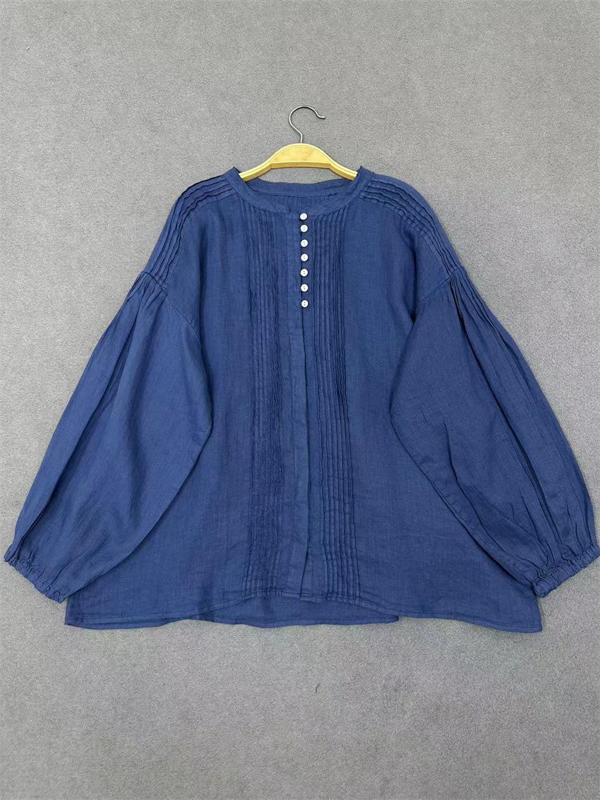 

Johnature Рубашка женская весна осень повседневная плиссированная винтажная свободная с круглым вырезом на пуговицах женские топы One Size синий