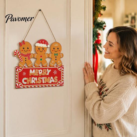 Decorative Window Display Sign Christmas Gingerbread Man Wooden Hanging for Front Door, Merry Xmas Home Entrance Plaque with Lanyard, Holiday