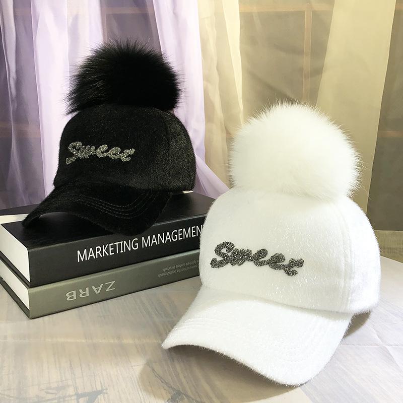 Toamnă și Iarnă Pălărie Caldă Femei Pălărie de Baseball cu Puf Fals, Litere cu Strasuri, Cal de Mare, Pălărie de Păr