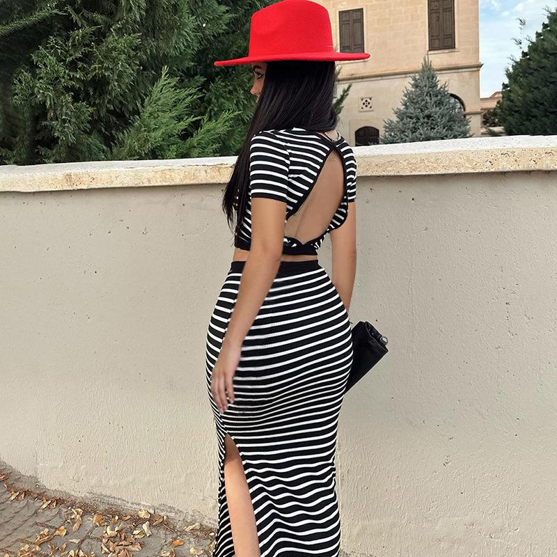 811 European-American Striped Backless Top & Slim Midi Skirt Set Small