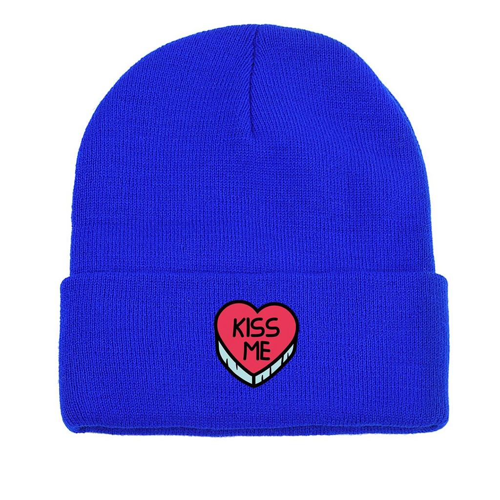 KISS ME" Heart Print Knit Cap Beanie, Valentine's Day Man Cap Soft Stretchy Unisex Bonnet Knitted Hat Beanie