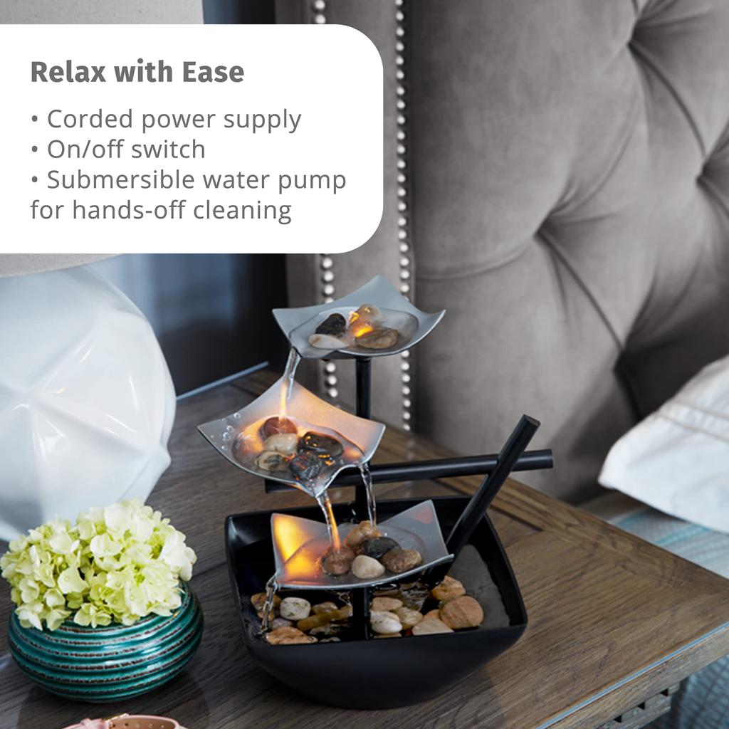 Tabletop Water Fountain, Home Décor Soothing Sound Machine - Automatic Pump, Deep Basin & Natural River Rocks for Office Bedroom