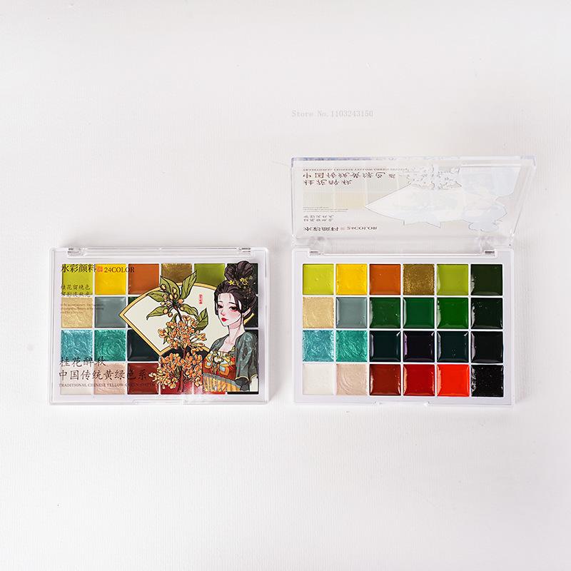 24-Farben Nationaler Stil Festes Aquarellpigment-Set Künstlerbedarf für Anfänger Handgezeichnete Illustration Kreation Aquarellfarbe