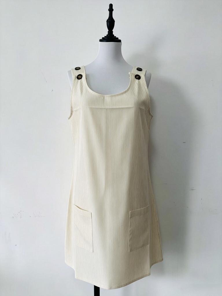 European and American coats new round neck pockets striped straps button casual dress