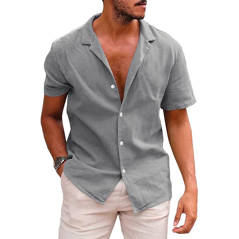 Chemise d'été à manches courtes en coton et lin pour homme avec col rabattu