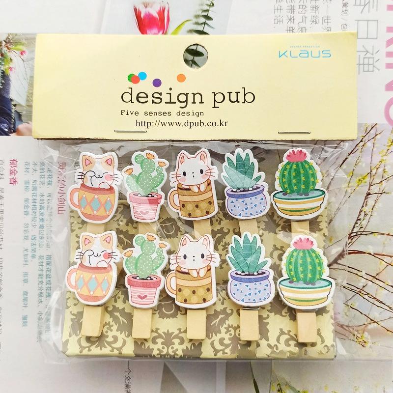 

Cartoon Cat Cactus Floral Art Flower Shop Card Wooden Clip 10pcs(one set)