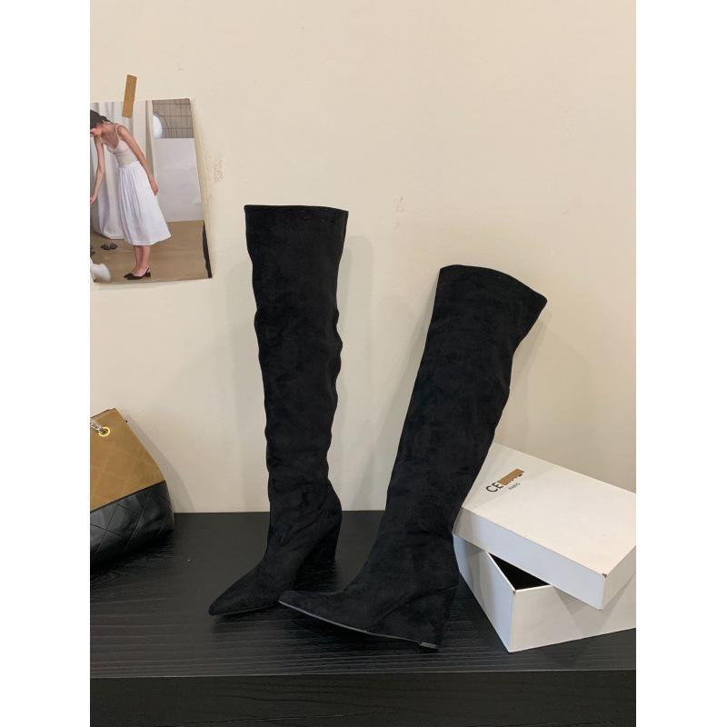 

2025 autumn and winter new big tube circumference pointed toe over the knee boots slope heel high boots slope heel boots stacking boots 39