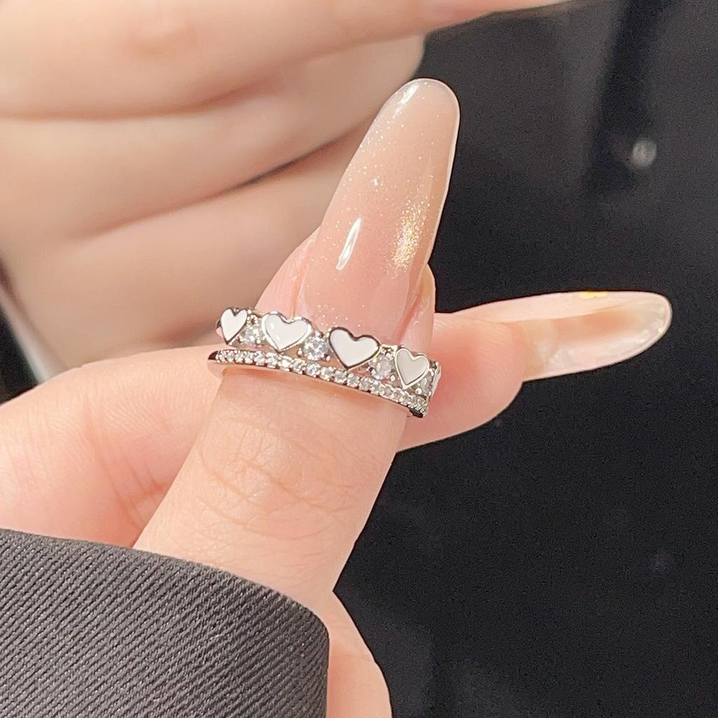 925 Sterling Silver Jewelry Double Layer Sweet Love Heart Finger Rings for Women Wedding Party Jewelry For Girls Friend Gift