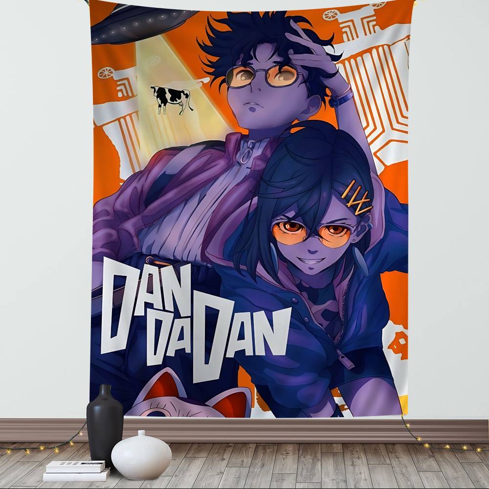 Popular Anime Dandadan Tapestry  Neon MultiColor Decor Banner Wild Character Art  Bold DANDADAN Typography Trippy Accent