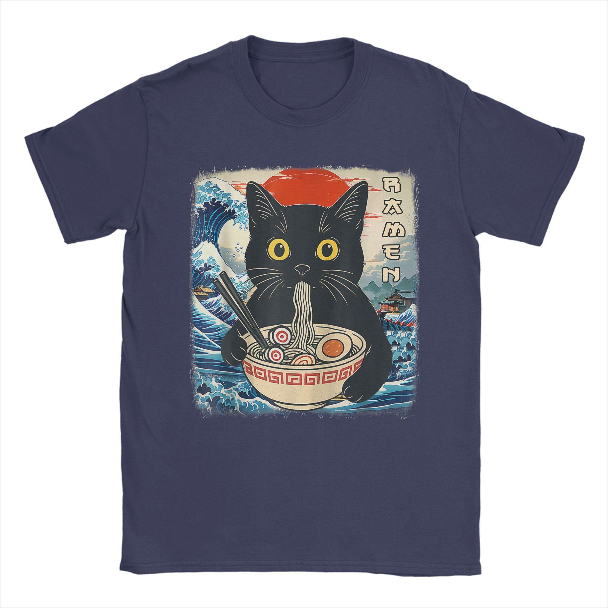 

Funny Japanese Black Cat Ramen T-Shirt Men Crew Neck 100% Cotton T Shirts Kawaii Noodle Cat Short Sleeve Tees Birthday Gift Tops XL