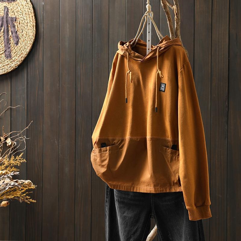 Women's Oversized Color Block Patchwork Hooded Sweatshirt with Double Pockets