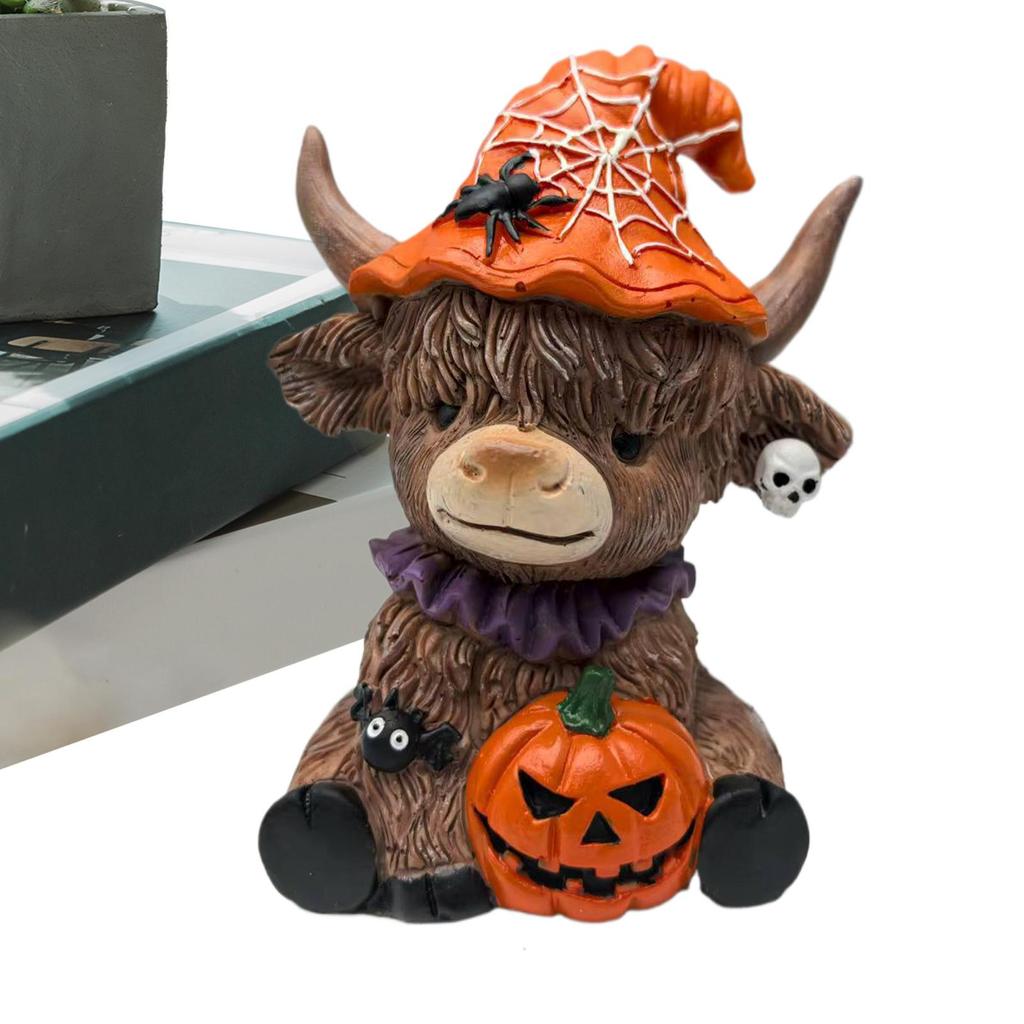 Halloween Decor Spider Pumpkin Highland Cow Statue Spooky Farm Animal Figurine for Home Office Desk Decor Party Gift Ornament