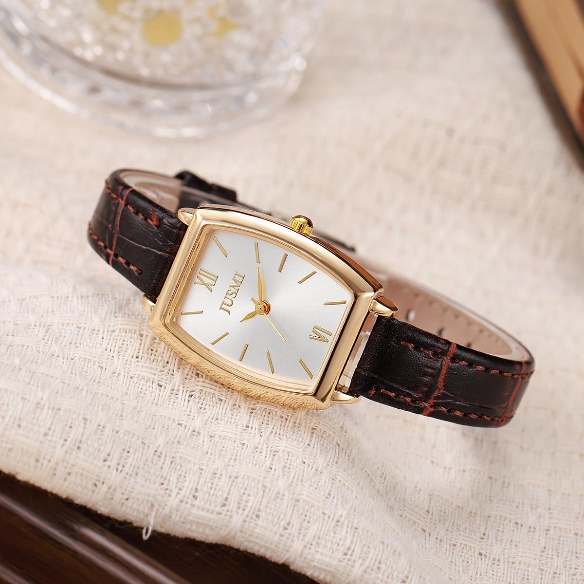 

Новый модный тренд простые женские кварцевые часы с бочкообразным ремешком, чувство дизайна, роскошные, ретро, повседневные, универсальные часы, набор из пяти предметов ярко-розовый