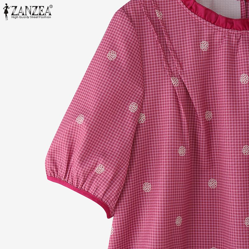 ZANZEA Women Summer Grid Print Casual Round Neck Short Sleeve Blouse