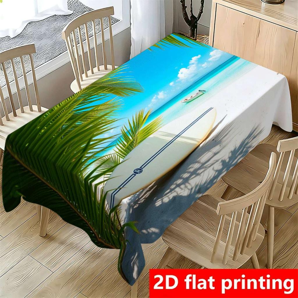 1pc Table Cover with Tropical Beach Print Featuring Palm Leaves, Surfboards, and Small Boats, Rectangular Party Tablecloth, Available in Multiple Size