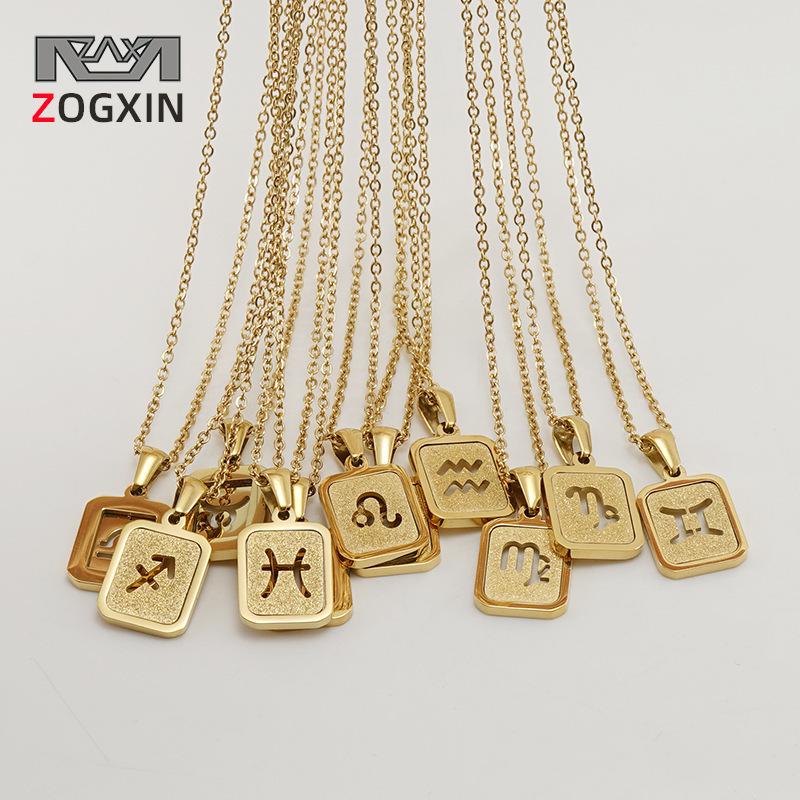 

Gold Titanium Steel Sandblasted Glitter Zodiac Square Pendant Necklace for Women