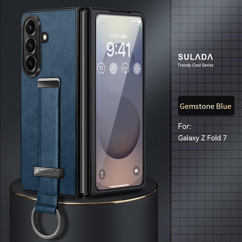 

Высококачественный деловой чехол-книжка Sle с подставкой для запястья, кожаный чехол для телефона для Samsung Z Fold 7 6 5, с покрытием, приятным на ощупь, противоударная защитная крышка Galaxy Z Fold7 темно-синий