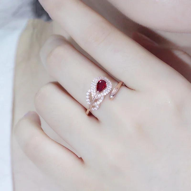 Plated Rose Gold Feather Ring for Women New In Inlaid Red Gem Creative Light Luxury Wedding Zircon Adjustable