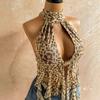 Summer New Sexy Halter Leopard Print Short Top Neck Streamer Turtleneck Women's Vest