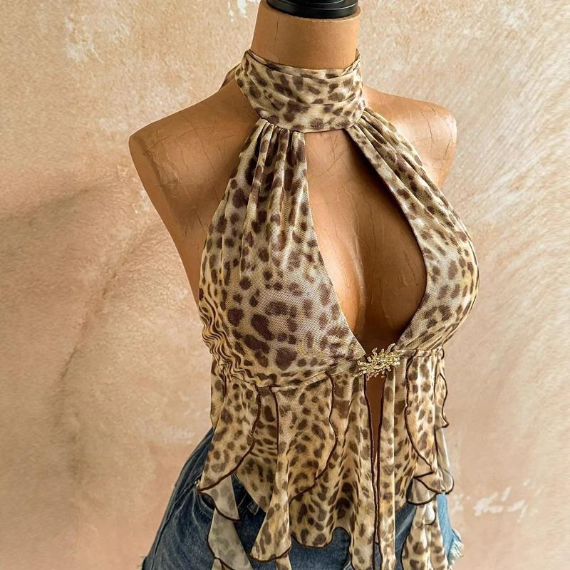 Summer New Sexy Halter Leopard Print Short Top Neck Streamer Turtleneck Women's Vest