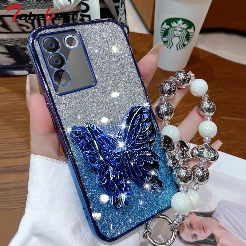 3D Butterfly Phone Holder Bead Bracelet Glitter Plating Case for Samsung Galaxy S24 S23 S22 S21 S20 FE Ultra S10 Plus Cover