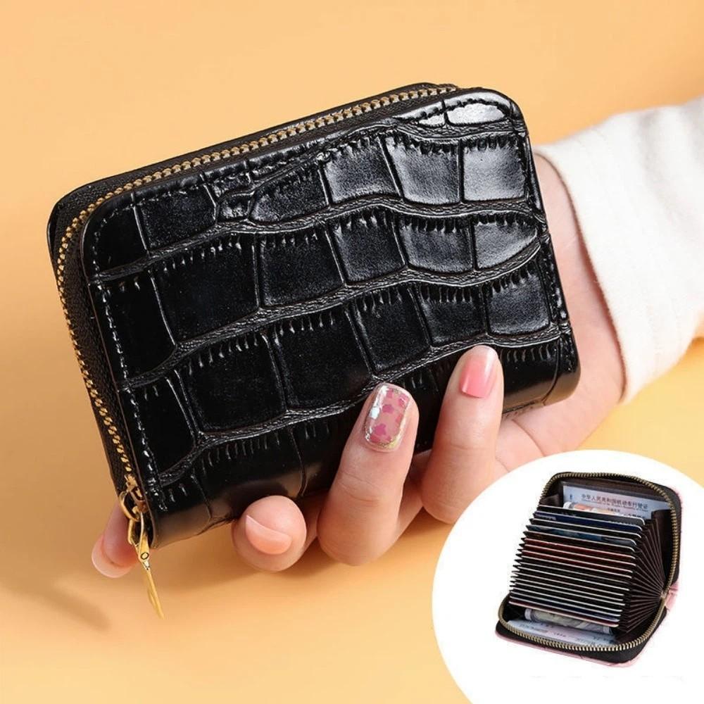Vintage Mini Slim Card Holder with Zipper PU Zero Wallet Crocodile Pattern Multi Card Slots Thin Small Purse Driver License Case
