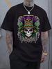 Mardi Gras Skull Graphic T-shirt - Black Short Sleeve Crewneck with Festive Purple