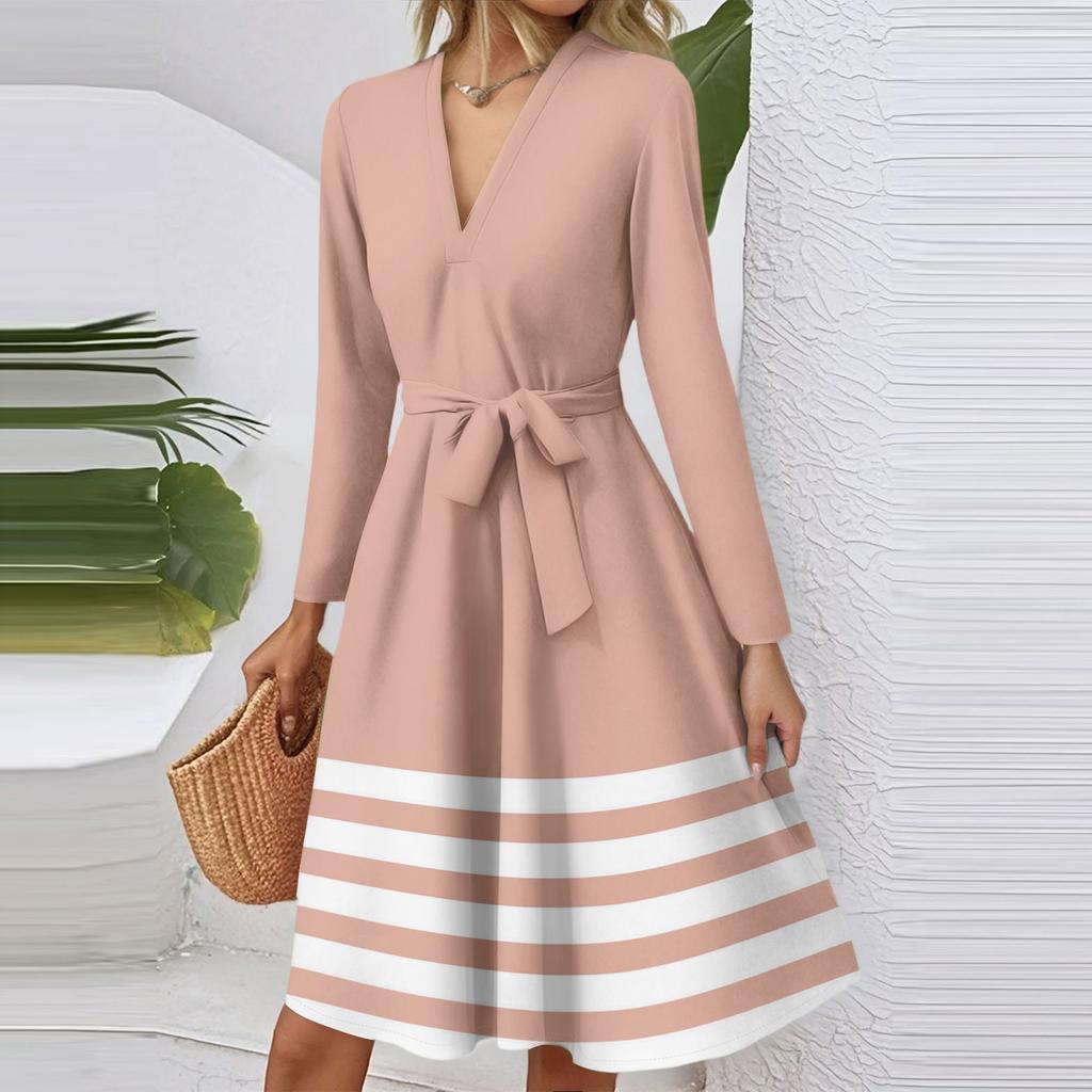 Women's Fashion Casual V-Neck Long Sleeve Waist Striped Printed Midi Dress