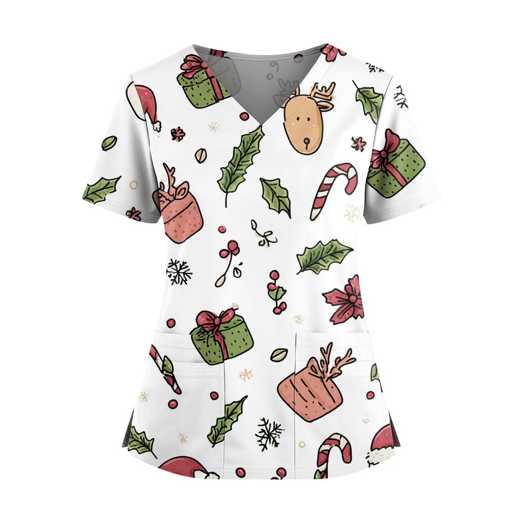 Women's Christmas Print V-Neck Double Pocket Short Sleeves Hem Slit Uniform And Caregiver Top