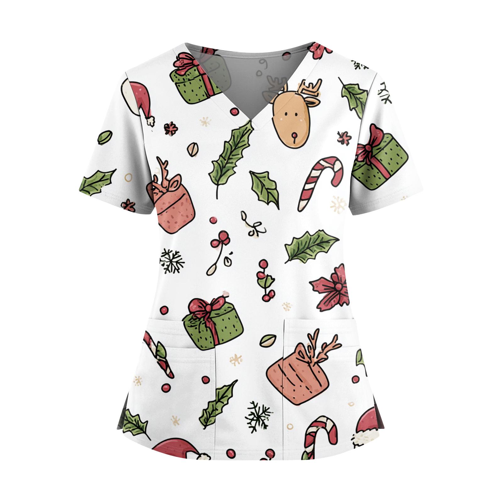 

Женский топ с рождественским принтом, V-образным вырезом, двумя карманами, короткими рукавами, разрезом по подолу, униформа и одежда для ухода M белый
