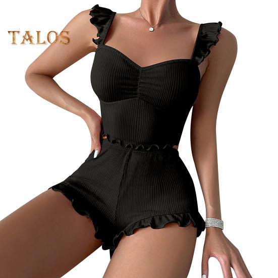 

Женский летний пижамный комплект из 2 шт./компл., однотонные однотонные шорты без рукавов с низким вырезом, эластичный короткий укороченный топ с высокой талией, облегающие шорты, домашняя одежда M чёрный