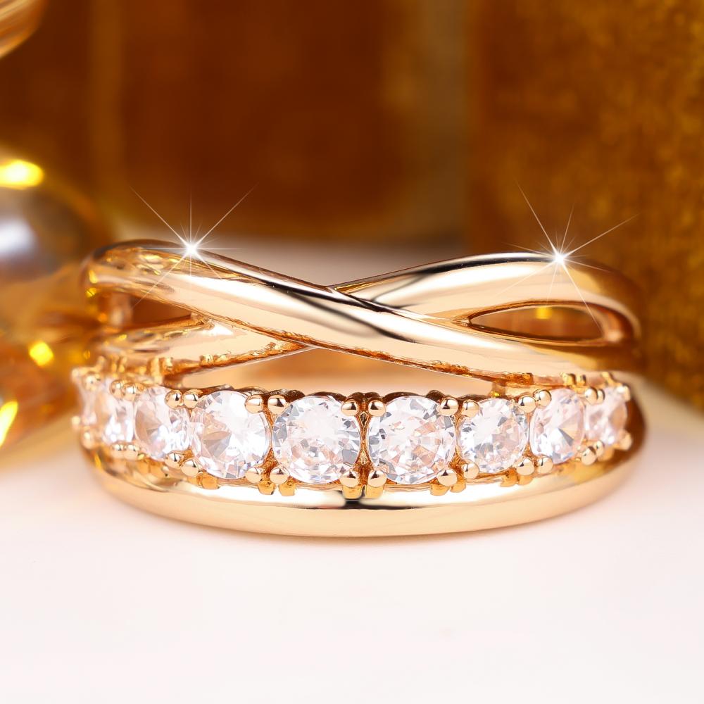 Elegant Gold Color Intertwined Ring for Women White Zircon Banquet Fashion Jewelry Gift