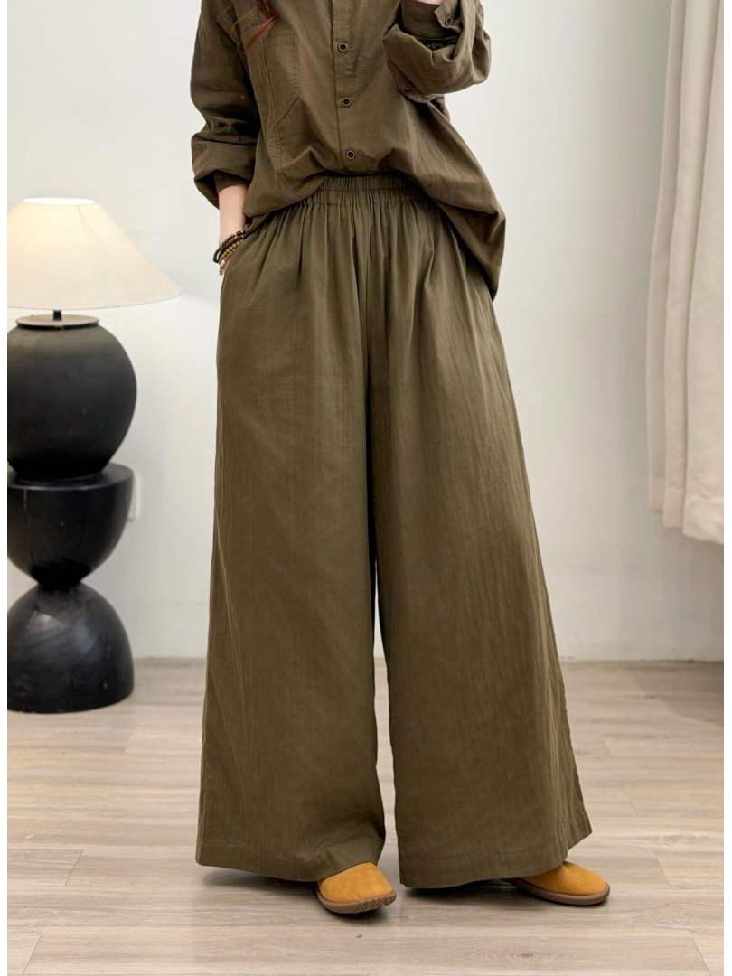 

Women s Spring Style Wide-Leg Solid Color Pants - Versatile, Elastic Waist, Casual Long Trousers One Size армия зеленый