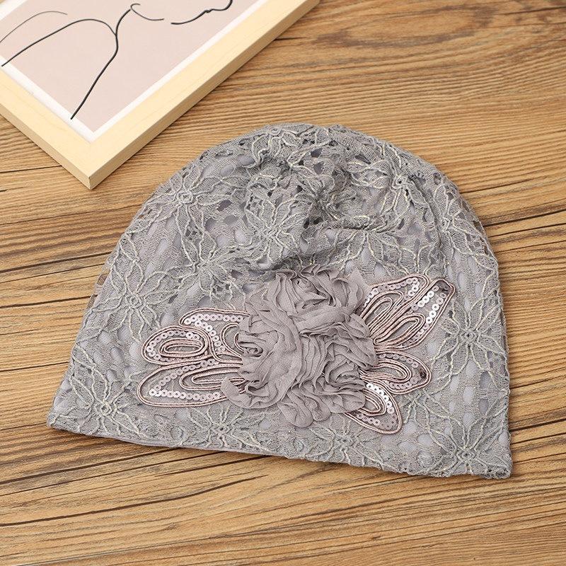 Spring and Summer Sweet Fashion Hollow Sequins Flower Pile Hat Women's Spring and Summer Breathable Headscarf Hat Embroidery Lace Bag Hat
