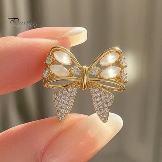 Bowknot Lapel Pin Rhinestone Bow Brooch, Cat Eye Stone Pin, Sweater Dress Embellishment Cardigan Coat Suits Clothing Accessories, Jewelry Gift