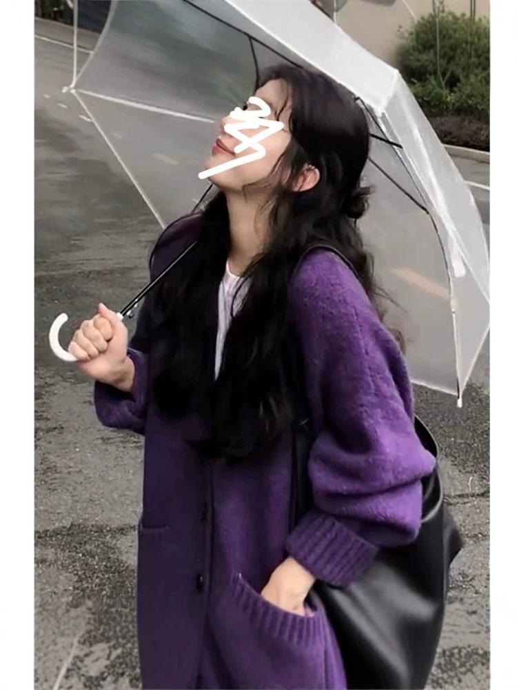 Korean Retro V-Neck Knit Cardigan - Women's Soft Purple Autumn Jacket