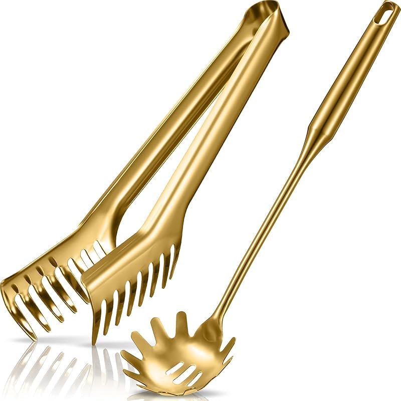 Patelai 2 Pcs Stainless Steel Pasta Spoon with Teeth Large Spaghetti Utensil, 9.4'' Tong and 13.6'' Pasta Fork with Vacuum Handle, Comfortable Grip