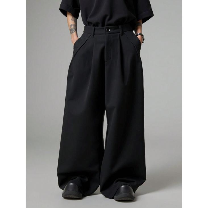 

2026 Spring New Men s Loose Solid Color Pleated Casual Wide-Leg Pants S чёрный