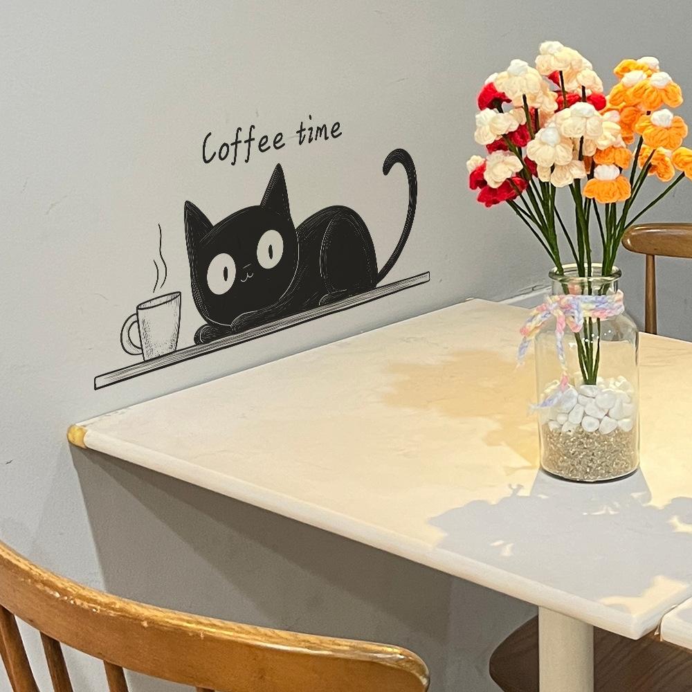 Cartoon Black Cat Cafe Wall Stickers Whimsical and Mysterious, Self-Adhesive Wall Decals for Coffee Shop and Restaurant Decor