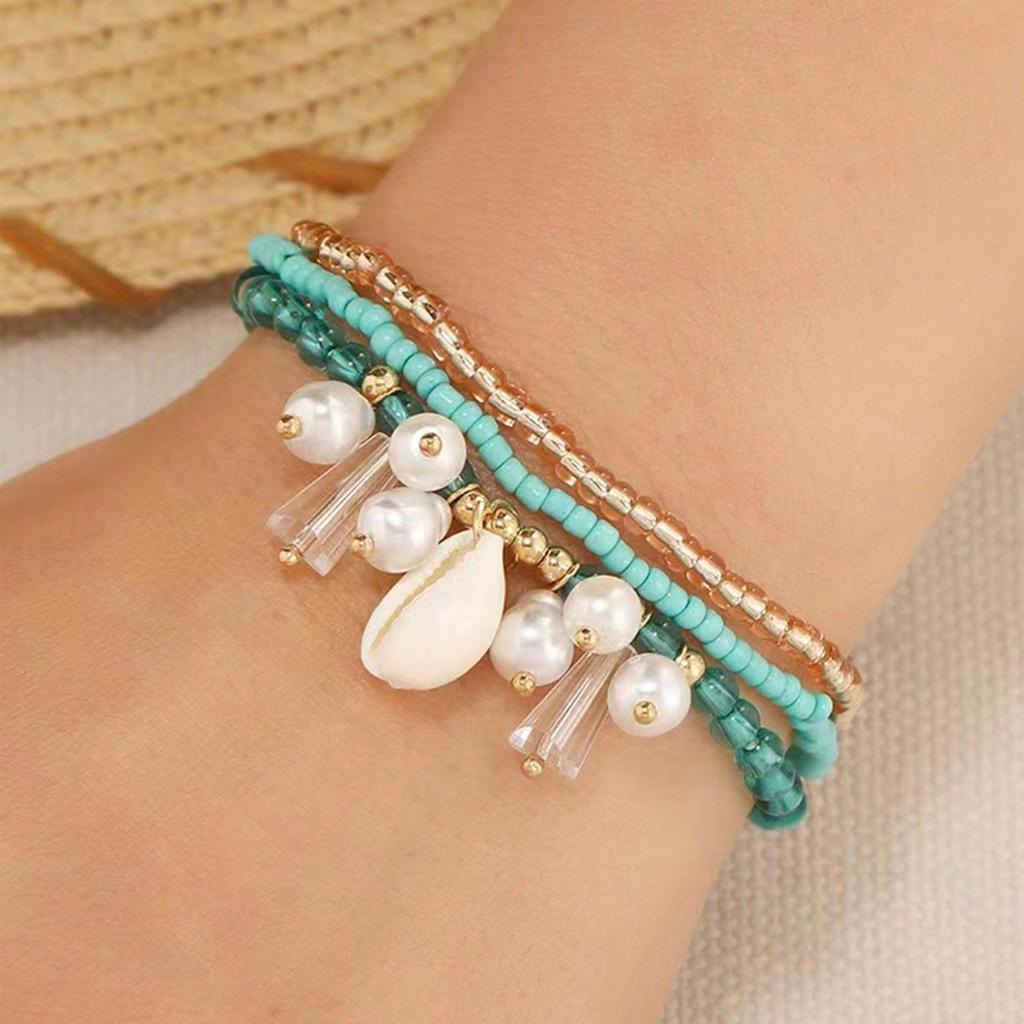Temu Shell Rice Beads Multi-layer Bracelet: Versatile Ocean Resort Style 3-Piece Beaded Jewelry Set