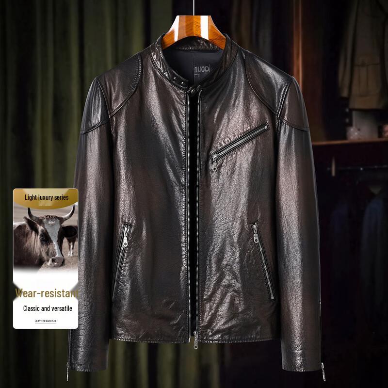

Caesar Retro Two-Tone Gilt Oiled Wax Cowhide Stand-Up Collar Leather Jacket L